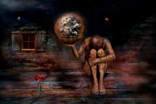 Nachdenkliche Figur hält die Erdkugel auf der Schulter in einer dunklen, surrealen Landschaft mit einer roten Blume