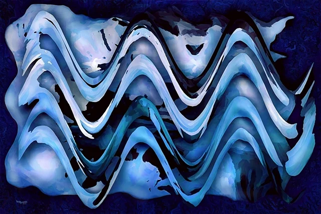 Abstrakte blaue Wellenformen erinnern an einen bewegten Seesturm auf dunklem Hintergrund.