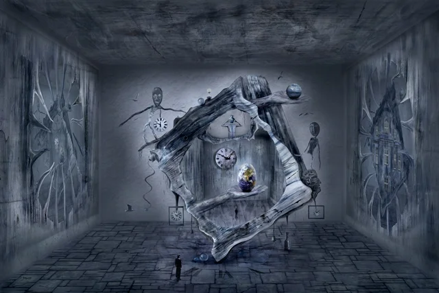 Schwebende geometrische Konstruktion mit Uhren und surrealen Figuren in einem grauen Raum.
