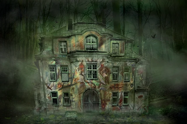 Verlassenes Haus mit farbigen Wandmalereien steht in einem nebligen Wald.