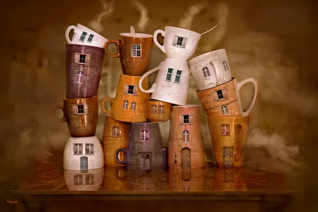 Gestapelte Kaffeetassen mit Fenstern und Türen bilden ein fantasievolles kleines Caféhaus