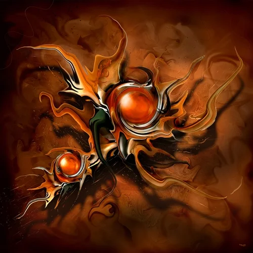 Abstraktes digitales Kunstwerk „Abstraktus 13“ von teddynash aus dem Jahr 2011 mit leuchtenden orangefarbenen Kugelformen und fließenden surrealen Strukturen.