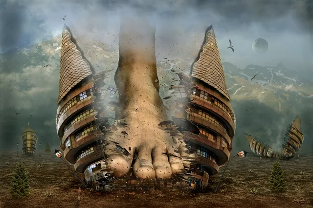 Kunstwerk „Tolpatsch“ von teddynash aus dem Jahr 2011. Ein gigantischer Fuß tritt zwischen futuristischen Türmen auf und lässt die Gebäude in einer dramatischen Explosion aus Trümmern zerbrechen.
