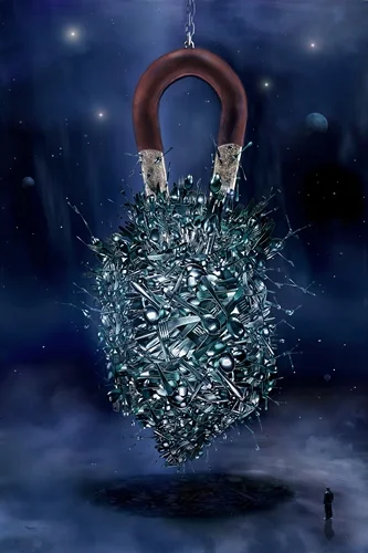 Surreales digitales Kunstwerk mit einem großen Hufeisenmagneten, an dem eine dichte Ansammlung aus Metallteilen und Nägeln vor einem nächtlichen Hintergrund hängt.