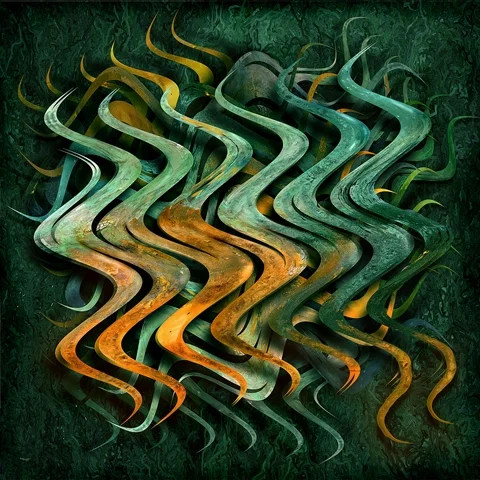 Abstrakte digitale Komposition mit fließenden, bandartigen Formen in Grün und Gold vor einer strukturierten Oberfläche. Kunstwerk „Abstraktus 2“ von teddynash, Januar 2011.