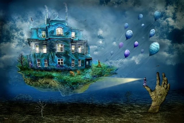 Kunstwerk „Eine Reise mit dem Wind“ von teddynash aus dem Jahr 2011. Ein Haus schwebt auf einer Insel über einer fantastischen Landschaft, während Ballons durch den Himmel treiben.