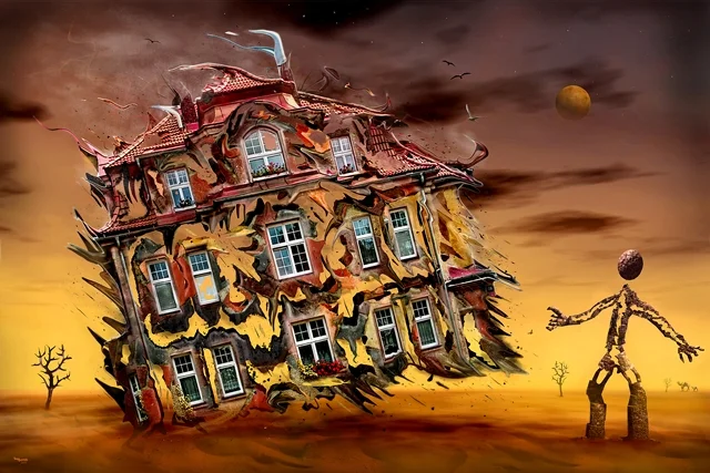 Surreales digitales Kunstwerk mit einem verzerrten Haus in einer fantastischen Wüstenlandschaft und einer humanoiden Figur unter einem orangefarbenen Himmel.