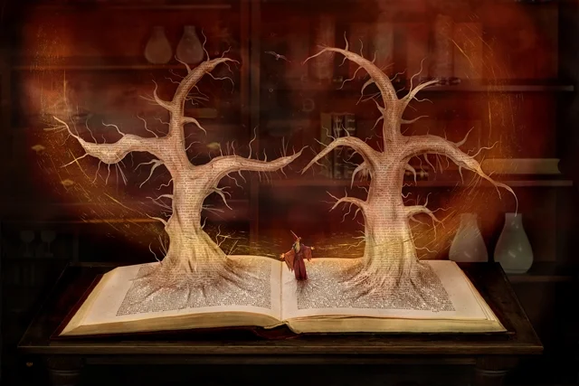 Fantasievolle digitale Szene, in der aus einem aufgeschlagenen Buch zwei mächtige Bäume wachsen und eine Geschichte zum Leben erwacht. Kunstwerk von teddynash, November 2010.