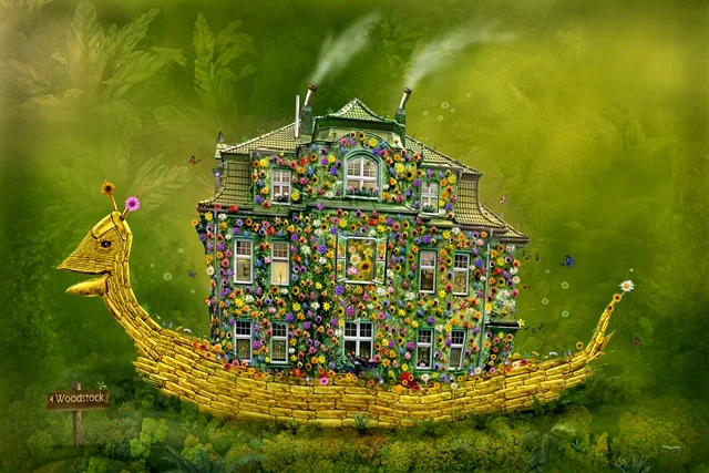 Kunstwerk „Flowerpower Schnecke“ von teddynash aus dem Jahr 2011. Ein bunt mit Blumen geschmücktes Haus steht auf dem Rücken einer riesigen Schnecke vor einer grünen Fantasiekulisse.