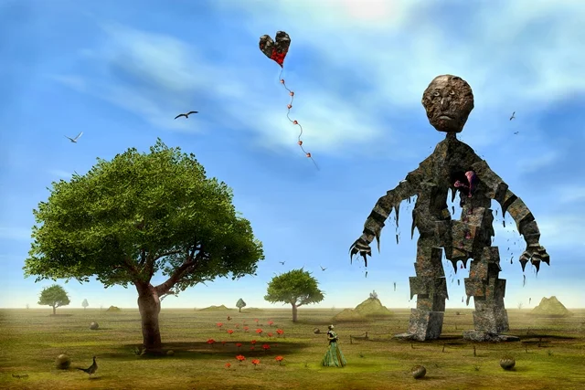 Kunstwerk „Abschied 1“ von teddynash aus dem Jahr 2011. Eine große, brüchige Figur steht einer kleinen Person gegenüber, während ein herzförmiger Ballon in den Himmel aufsteigt.