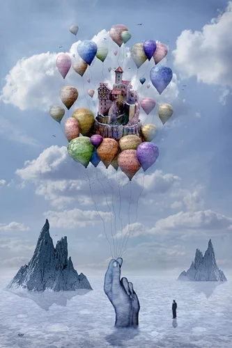 Surreale digitale Fantasieszene mit einem schwebenden Schloss, getragen von farbenfrohen Ballons über einer traumhaften Winterlandschaft. Kunstwerk von teddynash, Oktober 2010.