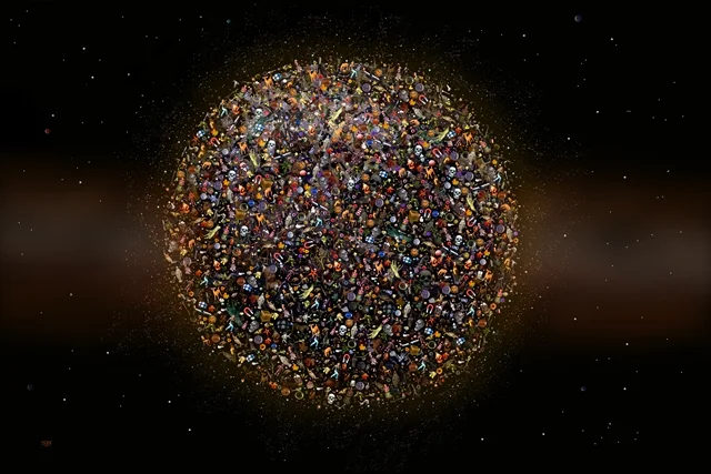 Fantasievolle digitale Komposition eines aus zahllosen Alltagsgegenständen zusammengesetzten Planeten vor einer kosmischen Kulisse. Kunstwerk von teddynash, August 2010.
