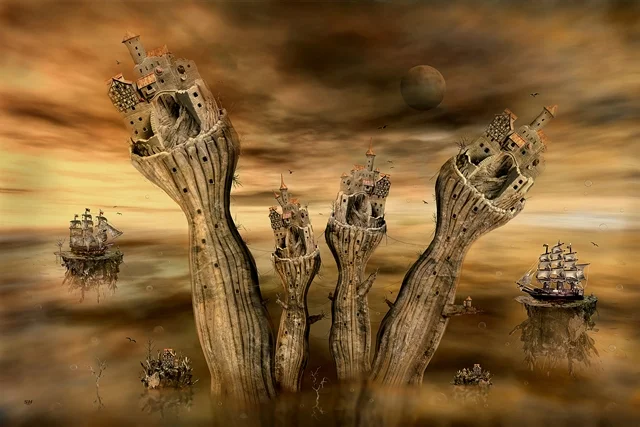 Kunstwerk „Andere Welten“ von teddynash aus dem Jahr 2010. Fantasievolle Burgen wachsen auf hohen organischen Säulen aus einer fremdartigen Landschaft, während historische Segelschiffe die Szene umgeben.