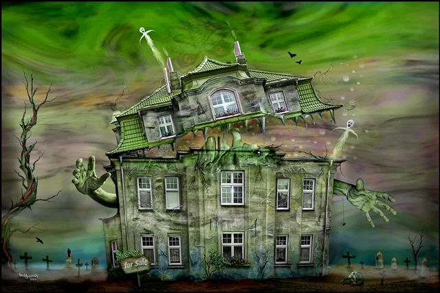 Surreales Geisterhaus mit ausgestreckten Armen, schwebenden Geisterfiguren und grünem Himmel. Das verwitterte Gebäude scheint lebendig zu sein und steht in einer düsteren Friedhofslandschaft.