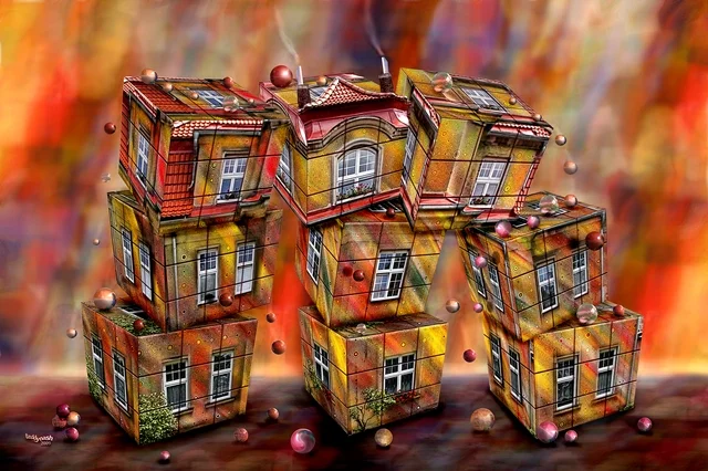 Surreales Spielhaus aus übereinander gestapelten und verdrehten Hausmodulen vor einem farbenfrohen Hintergrund. Das Gebäude wirkt wie ein überdimensionales Bauklotz-Spiel.