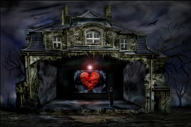 Surreales Haus mit geöffnetem Inneren und einem leuchtenden roten Herz im Zentrum. Eine einzelne Person steht davor und blickt in das geheimnisvolle Gebäude.