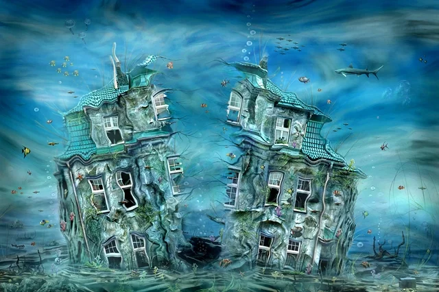 Surreales Hauswrack unter Wasser. Das Gebäude ist in zwei Teile zerbrochen und von Fischen umgeben, während es langsam in einer traumhaften Unterwasserwelt versinkt.
