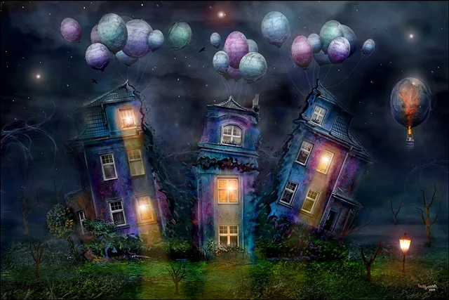 Surreale Häuser mit Ballons über den Dächern in einer nächtlichen Fantasielandschaft. Die beleuchteten Gebäude scheinen von den Ballons in den Himmel gezogen zu werden.