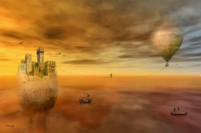 Person auf einem Seil zwischen einer Burg in einer Eierschale und einem Heißluftballon in einer surrealen Traumlandschaft.