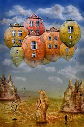 Surreale Häuser in Form von Ballons schweben über einer trockenen Fantasielandschaft. Eine steinerne Hand hält die Schnüre der schwebenden Gebäude fest.