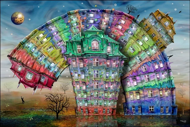 Surreales Regenbogenhaus aus bunten, miteinander verbundenen Gebäuden. Die farbenfrohe Architektur biegt sich wie ein Bogen über einer traumhaften Landschaft.