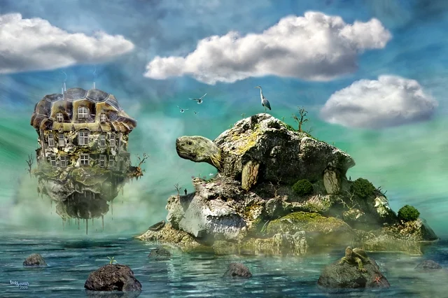Surreale Landschaft mit einer riesigen Schildkröte aus Felsen und Vegetation, die aus dem Wasser ragt. Daneben schwebt ein Haus auf einer kleinen Insel unter einem wolkenreichen Himmel.