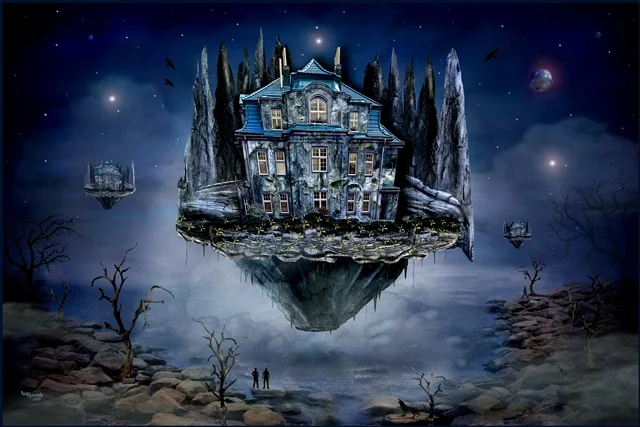 Schwebende Felseninsel mit einem Haus und hohen Bäumen über einer nebeligen Fantasielandschaft. Kleine Menschen betrachten die Insel unter einem sternenklaren Nachthimmel.