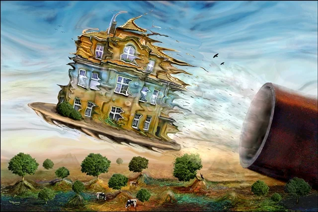 Surreales Haus, das aus einem riesigen Rohr geschleudert wird und sich dabei in fliegende Partikel auflöst. Die Szene spielt über einer ländlichen Fantasielandschaft.
