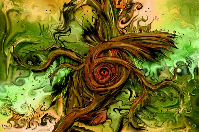 Surreales Auge aus verwachsenen Ästen und organischen Formen. Grüne und braune Wirbelstrukturen verbinden Natur und Fantasie zu einer traumhaften Komposition.