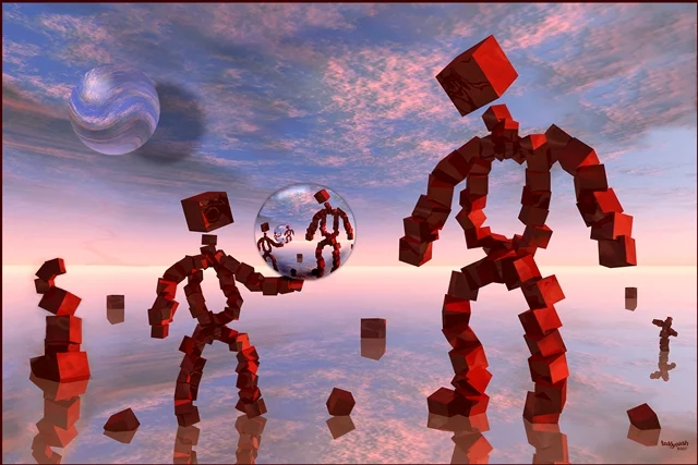 Surreale Figuren aus roten Würfeln stehen auf einer spiegelnden Fläche. Eine kleinere Gestalt hält eine gläserne Kugel, in der sich die Szene erneut widerspiegelt.