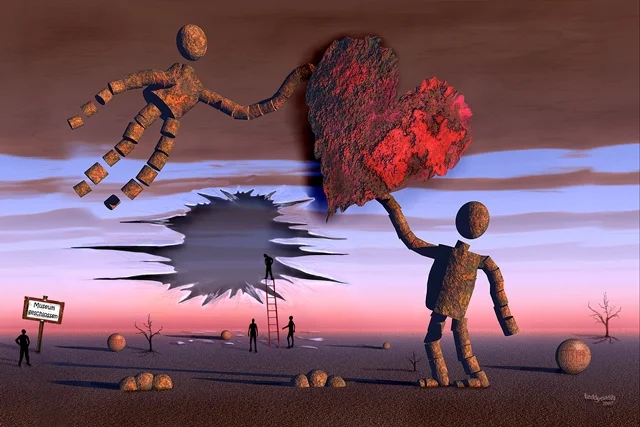 Eine würfelförmige Figur hält ein großes rotes Herz, während eine zweite Figur darüber schwebt. Im Hintergrund öffnet sich ein rätselhafter Spalt in einer surrealen Landschaft.