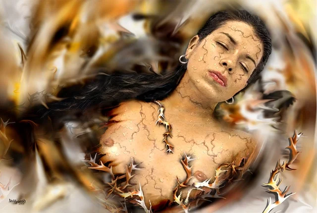 Porträt einer schlafenden Frau, umgeben von abstrakten Formen und warmen Farben. Feine Strukturen auf Haut und Umgebung verleihen dem Bild eine traumartige Atmosphäre.