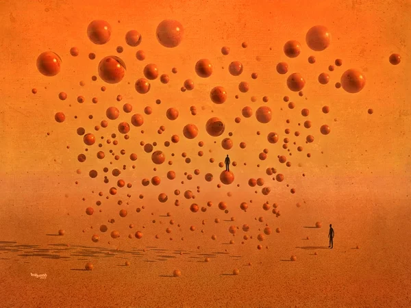 Hunderte orangefarbene Kugeln schweben über einer surrealen Landschaft. Zwei kleine menschliche Figuren stehen zwischen den Kugeln und verstärken die räumliche Wirkung der Szene.