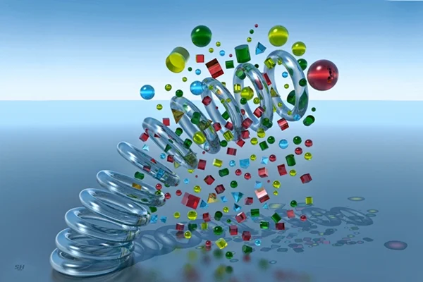 Eine transparente Spiralfeder löst sich in bunte Kugeln, Würfel und geometrische Formen auf. Die abstrakte Komposition verbindet Bewegung, Farbe und räumliche Tiefe.