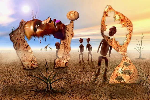 Surreale Landschaft mit zerbrochenen Figuren und schwebenden Gesichtern in einer trockenen Wüste. Die traumartige Szene erinnert an Verwandlung, Vergänglichkeit und Fantasie.