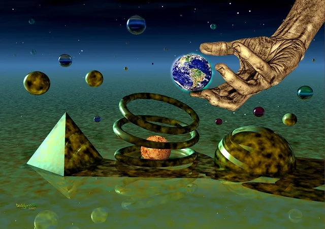 Eine riesige Hand hält die Erde über einer surrealen Landschaft mit Kugeln, Spiralen und geometrischen Formen. Das Bild verbindet kosmische Motive mit einer fantastischen Traumwelt.