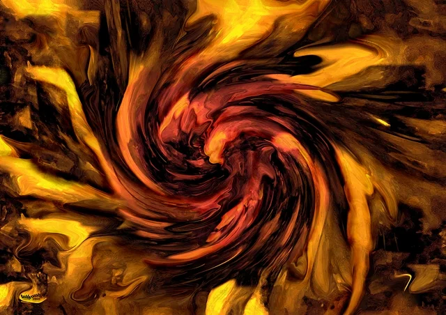 Abstrakte Komposition aus wirbelnden Formen in Rot-, Orange- und Goldtönen. Die dynamische Bewegung erinnert an einen Strudel aus Licht und Energie.