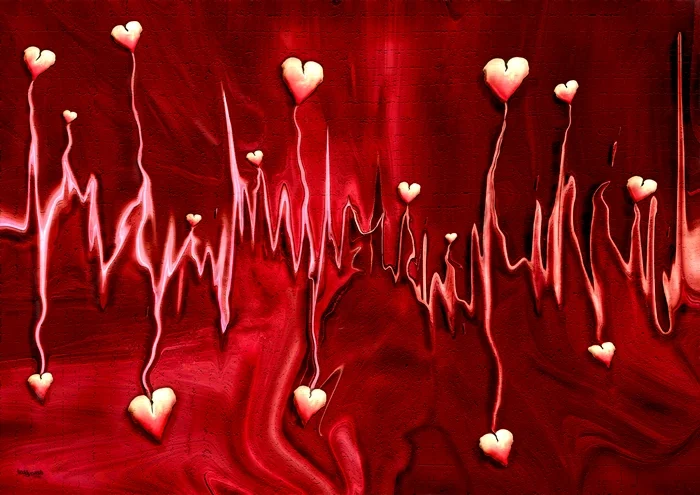 Weiße Herzen schweben entlang einer pulsierenden Linie vor einem roten Hintergrund. Die abstrakte Darstellung verbindet Liebe, Emotionen und den Rhythmus eines Herzschlags.