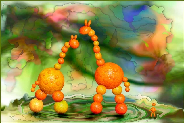 Zwei fantasievolle Figuren aus Orangen stehen in einer farbenfrohen Traumlandschaft. Die verspielte Komposition verbindet Natur, Humor und digitale Kunst.