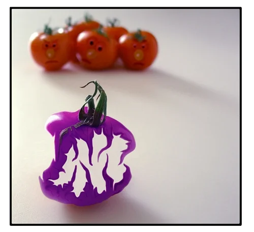Eine violette Paprikahälfte sitzt nachdenklich im Vordergrund, während drei Tomaten mit Gesichtern aus der Ferne zuschauen. Die humorvolle Szene wirkt wie eine kleine Gemüsetragödie.