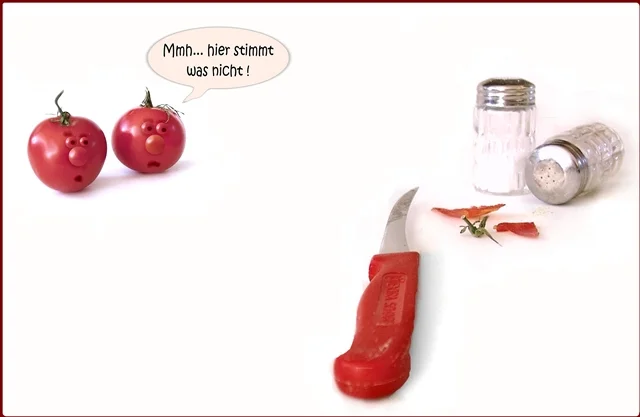 Zwei Tomaten mit überraschten Gesichtern beobachten ein Messer, Salzstreuer und Tomatenreste auf einem Tisch. Eine Sprechblase deutet ihre Besorgnis über die Situation an.