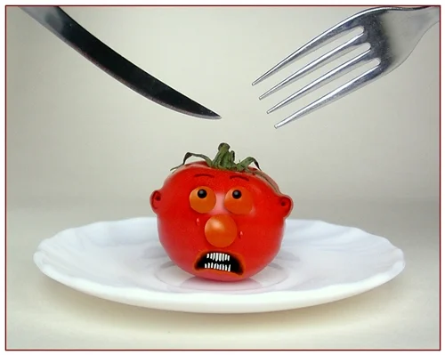 Eine Tomate mit ängstlichem Gesicht liegt auf einem Teller zwischen Messer und Gabel. Die humorvolle Komposition spielt mit der Vorstellung einer drohenden Mahlzeit.
