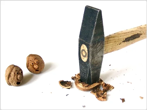 Zwei Walnüsse mit überraschten Gesichtern stehen neben einem Hammer und aufgebrochenen Nussschalen. Die humorvolle Darstellung erinnert an eine kleine Nuss-Katastrophe.