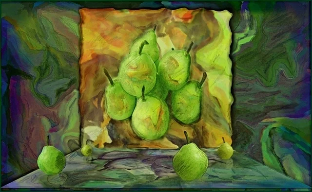 Mehrere Birnen schweben in einer surrealen, farbenreichen Bildwelt. Die digitale Komposition verbindet Stillleben, Fantasie und abstrakte Kunst.