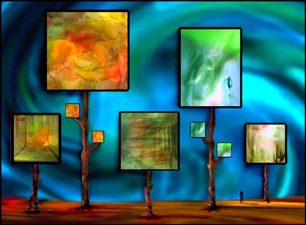 Abstrakte Bilder hängen wie Gemälde an baumartigen Stämmen in einer surrealen Landschaft. Eine kleine Figur zwischen den Kunstwerken verstärkt die räumliche Wirkung der Szene.