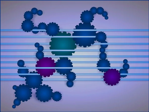 Abstrakte Komposition aus blauen und violetten Kreisen, die von horizontalen Linien durchzogen werden. Die geometrische Gestaltung erinnert an eine moderne digitale Grafik.