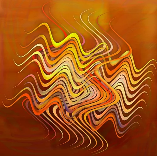 Geschwungene Linien in Orange-, Gelb- und Rottönen überlagern sich zu einer dynamischen abstrakten Form. Die Komposition vermittelt Bewegung und Energie.