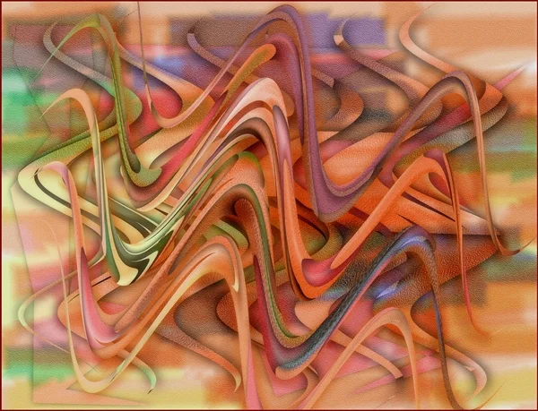 Verschlungene farbige Bänder bilden ein abstraktes Muster vor einem warmen Hintergrund. Die digitale Komposition wirkt lebendig und rhythmisch.