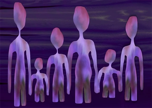Sechs stilisierte Figuren stehen als Gruppe vor einem dunklen violetten Hintergrund. Die abstrahierte Darstellung erinnert an Familie, Gemeinschaft oder Zusammenhalt.