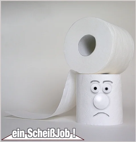 Eine Toilettenpapierrolle mit menschlichem Gesicht blickt traurig in die Kamera. Die humorvolle Komposition wird durch den Schriftzug 'ein Scheißjob!' ergänzt.